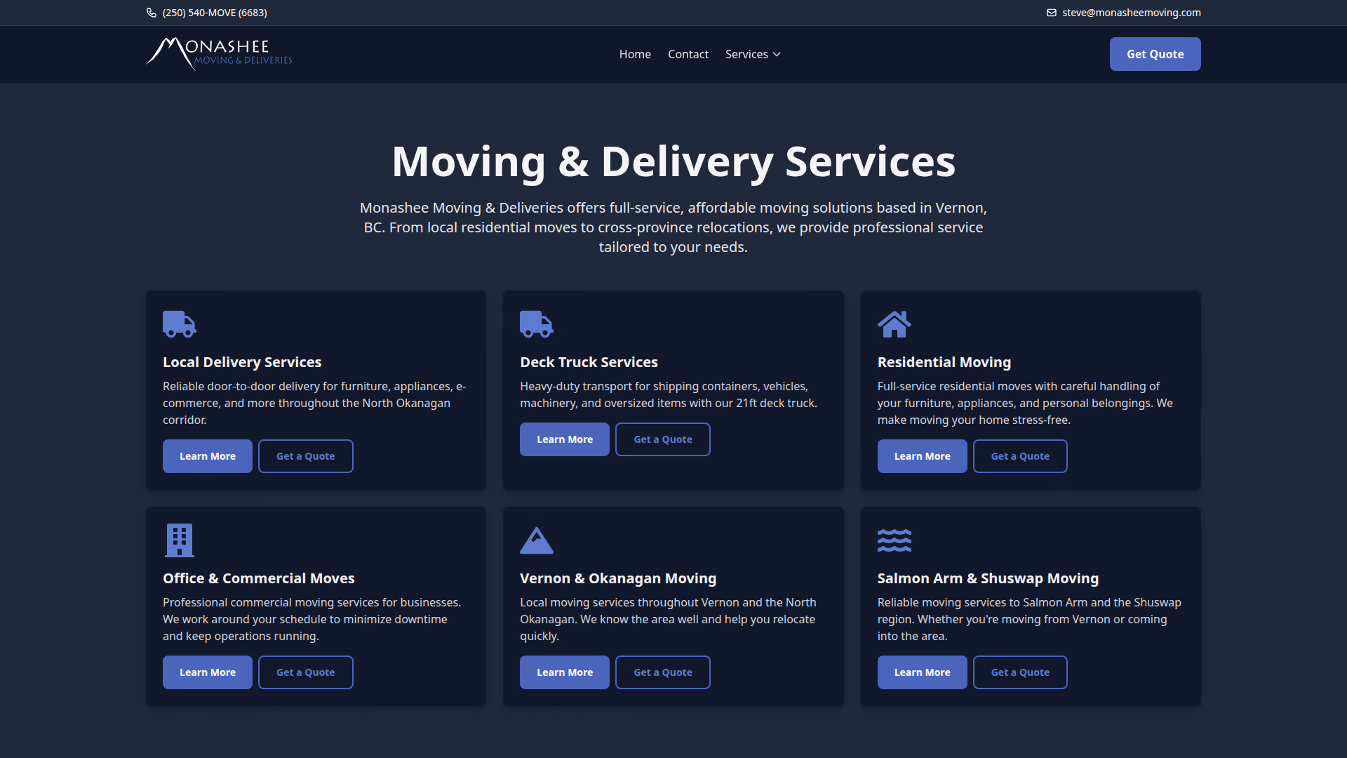 Monashee Moving & Deliveries services page (desktop)